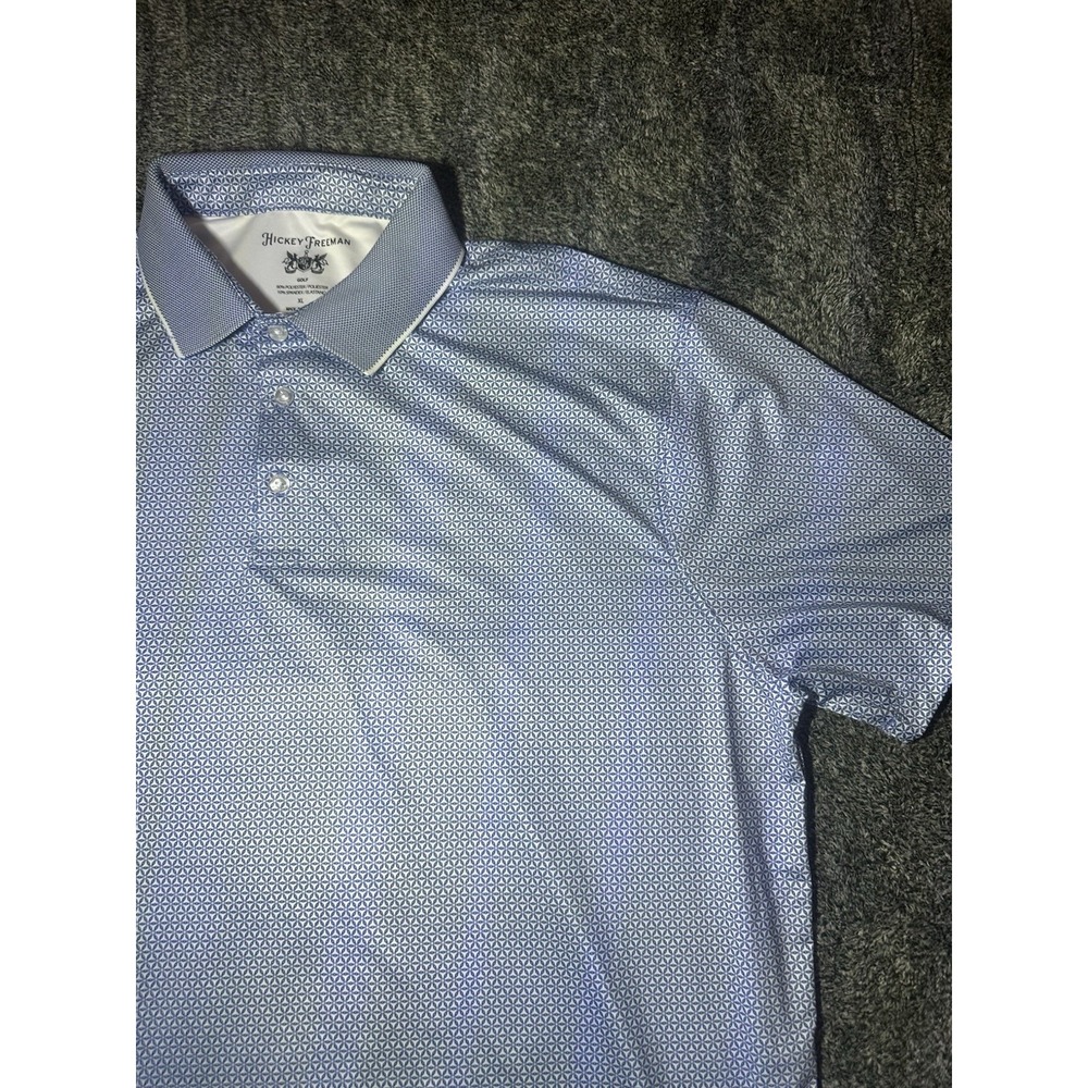 Hickey Freeman Men's Short Sleeve Golf Polo Shirt Blue Geometric Knit Stretch XL